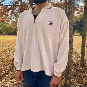 Beverly Hills Polo Club White Mens Pullover, Black Trim, Long Sleeve, Collar